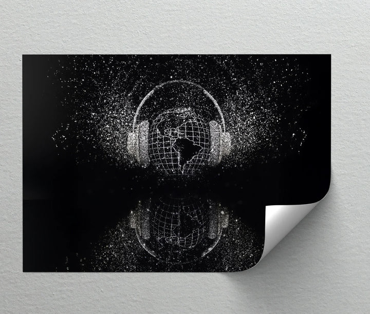 Earth in Headphones – black and white music wall art.


