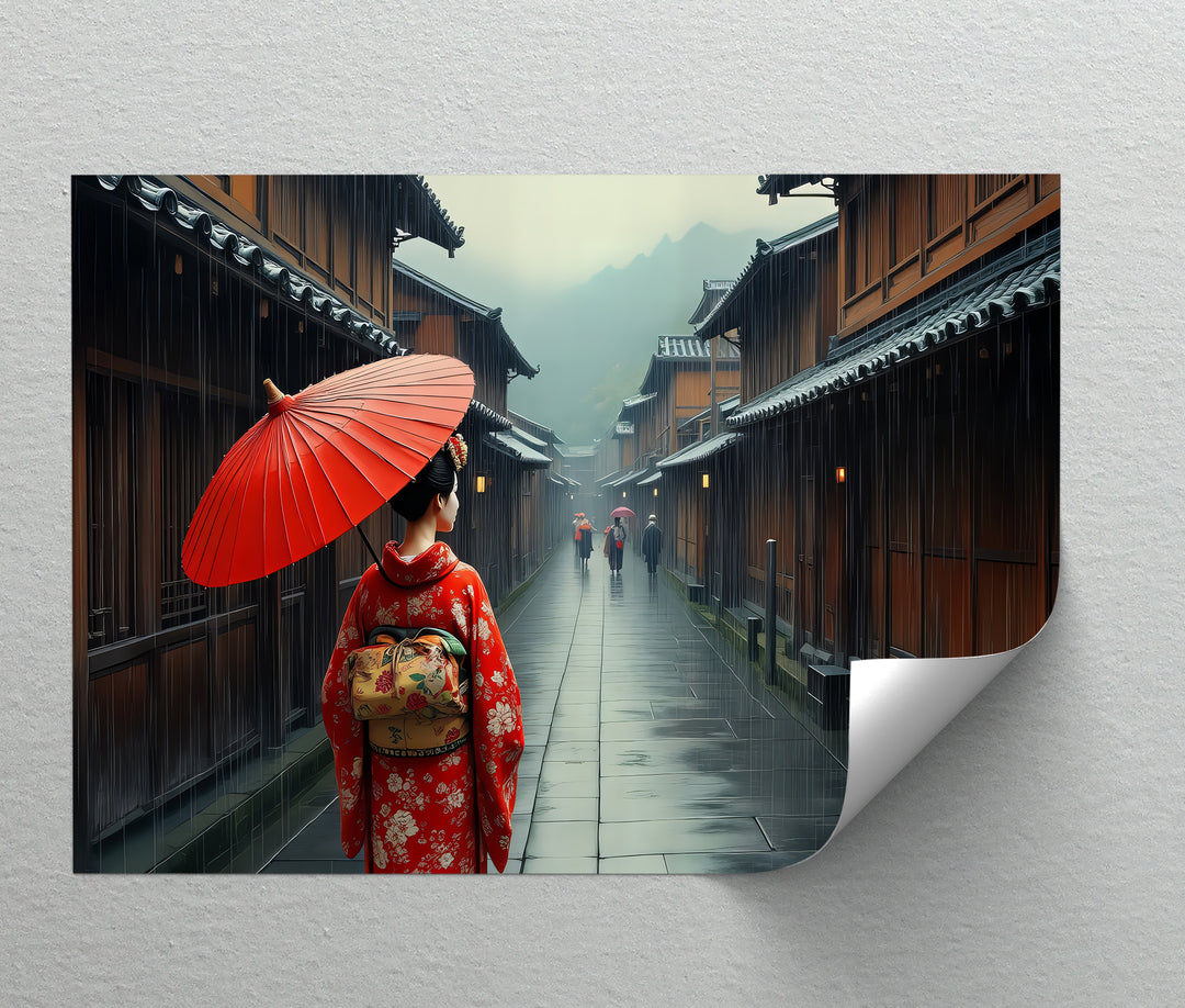 Geisha in the Rain – Japanese Street Scene Canvas Wall Art | Large Canvas