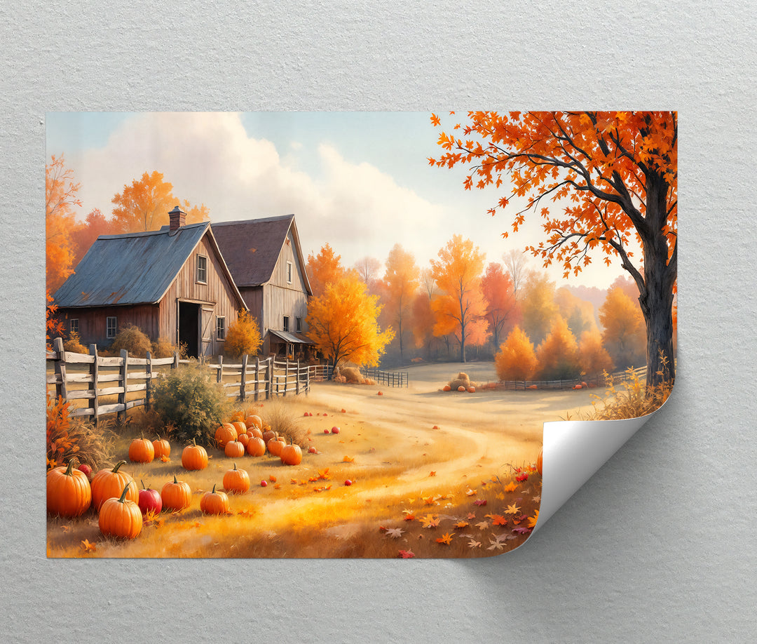 Golden Harvest Barn – Farmhouse Pumpkin Canvas Wall Art | Framed Art