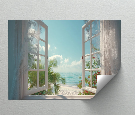 Blue dominates this ocean view through the window in a unique canvas print, depicting a serene beach scene with delicate lace curtains, perfect for coastal wall art.