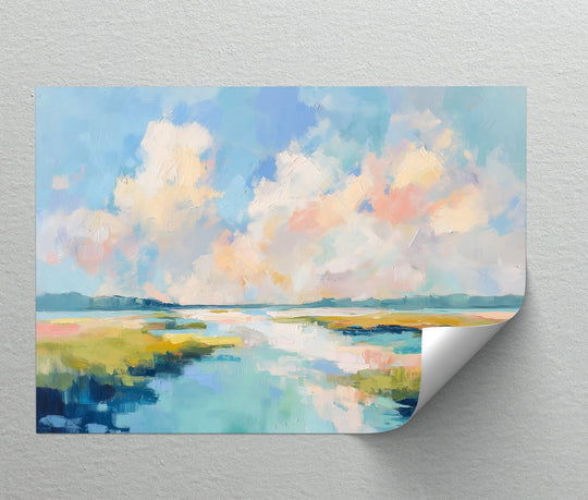 Pastel clouds are the softest element in this abstract landscape art print, a sunlit marsh serenity framed canvas featuring an impressionistic view.