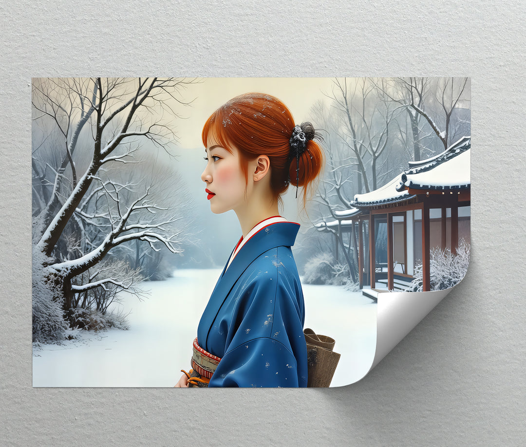 Geisha in Snow Garden – Japanese Kimono Canvas Wall Art | Framed Art
