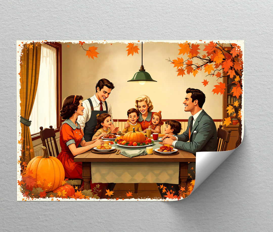 Autumn Gathering – Retro Thanksgiving Dinner Canvas Wall Art | Large Canvas