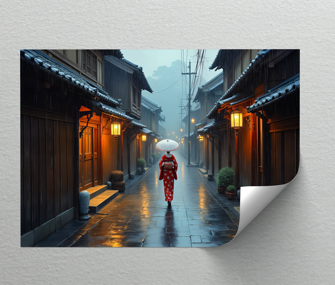 Geisha in Kyoto Rain – Japanese Street Canvas Wall Art | Framed Canvas