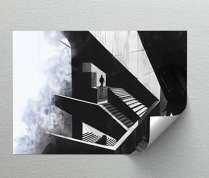 Monochrome Depth – modern stairway print for minimalist interiors.

