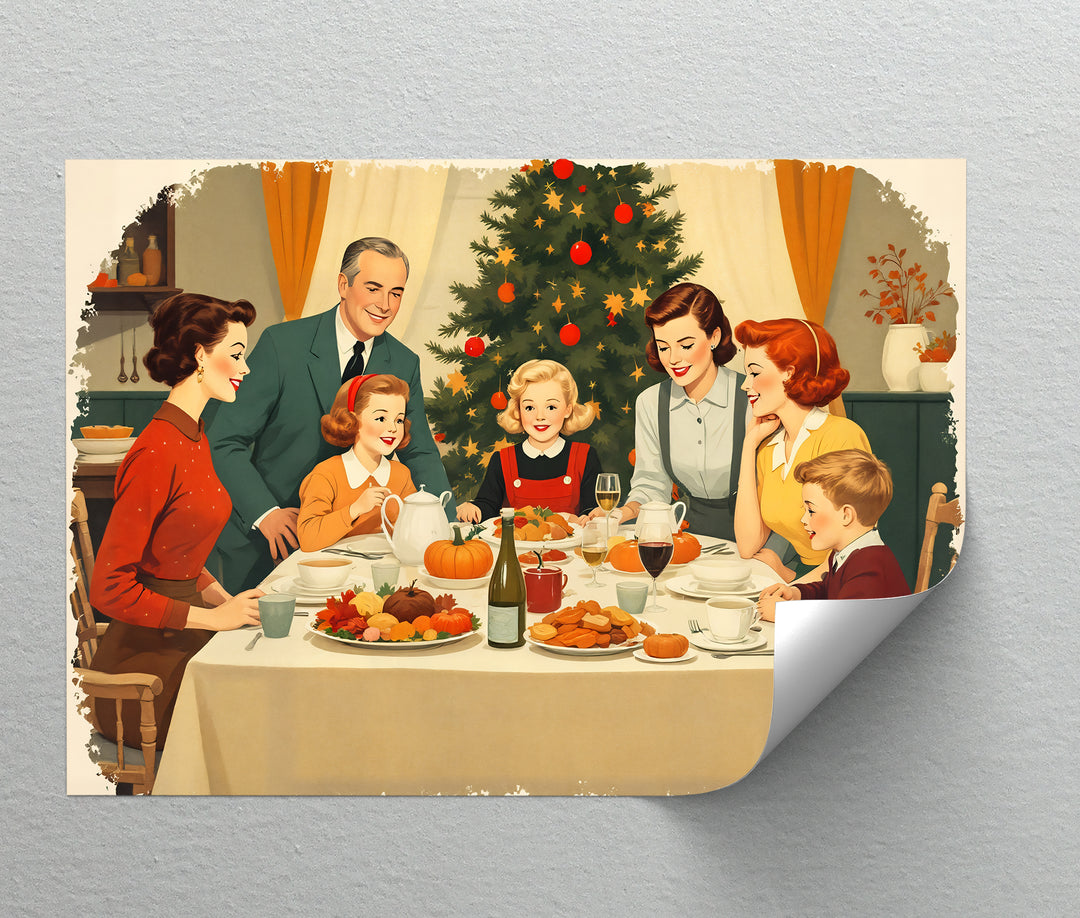 Retro Family Christmas Dinner Canvas Wall Art | Large Canvas