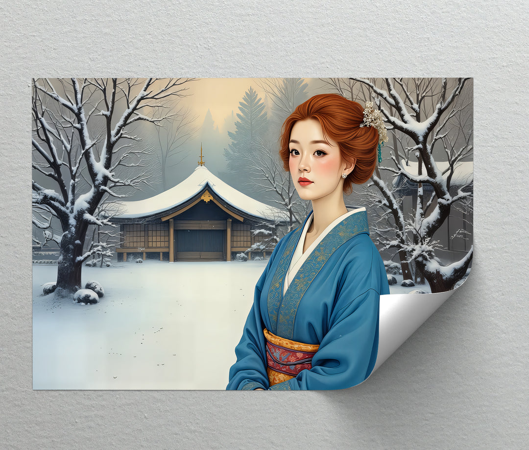 Geisha in Winter Serenity – Japanese Kimono Canvas Wall Art | Framed Canvas