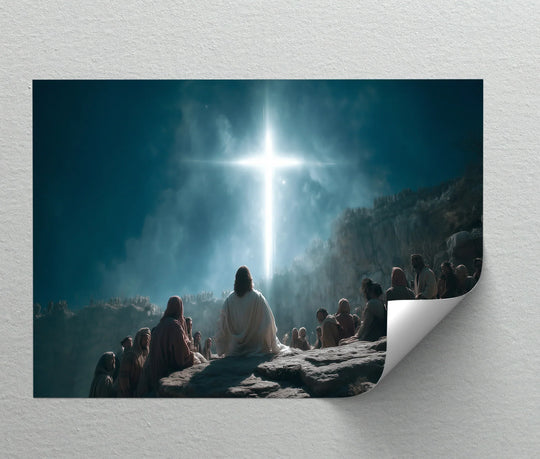 The hanging canvas shows a layered perspective, with the crowd appearing in the foreground before Jesus and a glowing cross in the background.