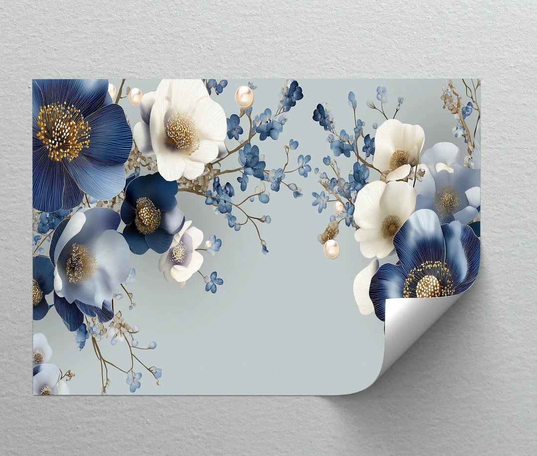 Blue and Ivory Elegance – Floral Fantasy with Pearls Canvas Print - MyPhotoStation