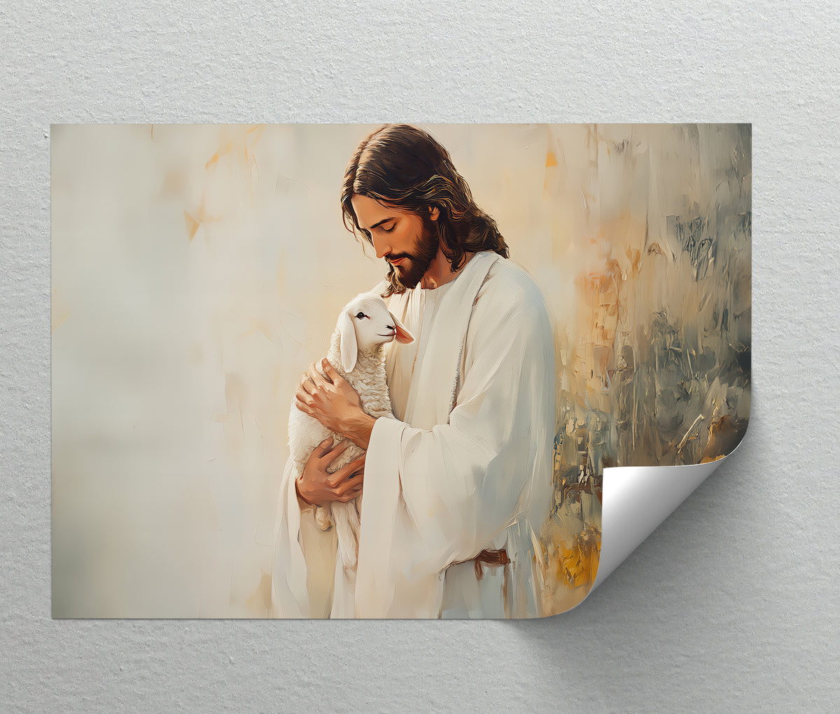 Illustrating the layering effect, this premium canvas decor piece, 'The Good Shepherd – Jesus Holding Lamb Canvas Print,' utilizes artful depth to showcase the loving embrace.