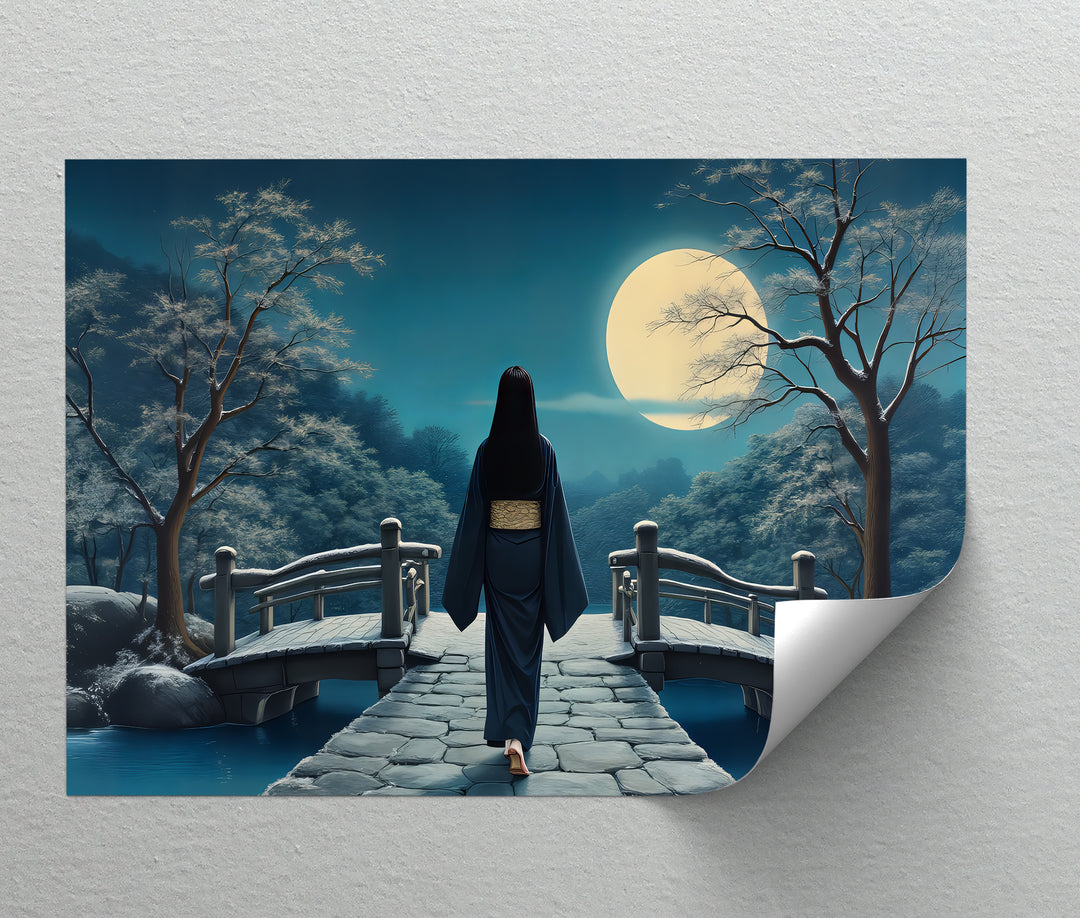 Moonlit Elegance – Japanese Geisha on Bridge Canvas Wall Art | Canvas Art