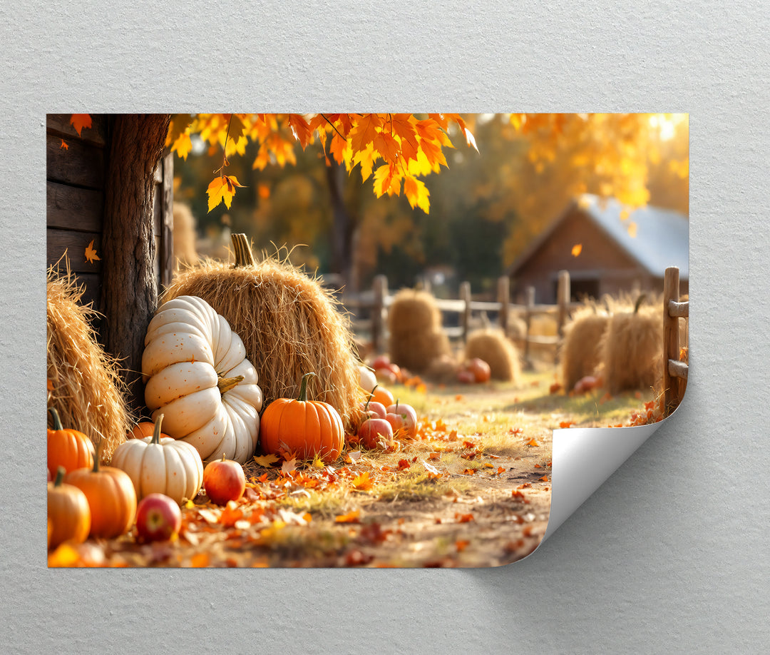 Autumn Harvest – Pumpkin and Haystack Canvas Wall Art | Framed Art