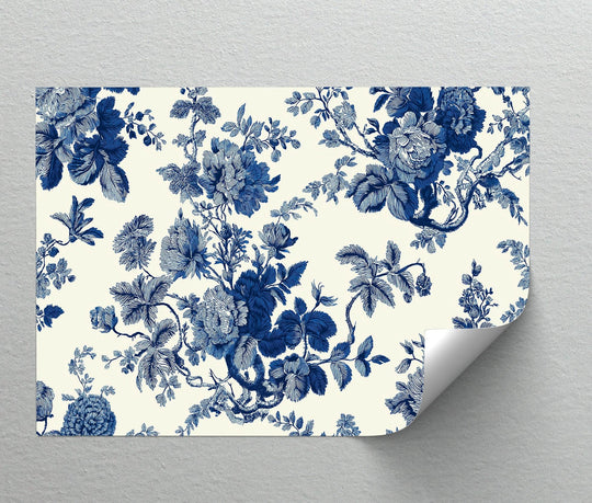 Central vintage indigo blooms display an elegant blue floral pattern in this canvas artwork, rendered as a captivating canvas print.