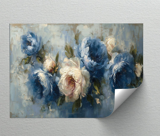 Dominated by shades of blue, this vintage floral canvas print displays romantic blue peonies, ready for hanging canvas display.