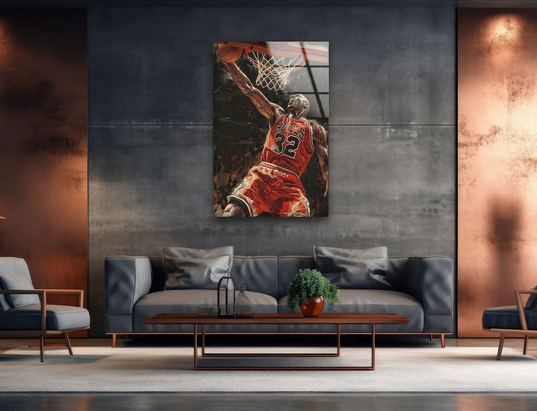 Intense basketball scene of a high-flying athlete dunking with force on glass artwork.