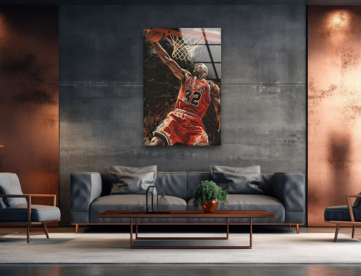 Intense basketball scene of a high-flying athlete dunking with force on glass artwork.