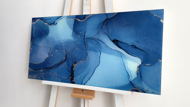 Navy Blue, Gold Foil Alcohol Ink Glass Wall Art, art glass wall art, glass wall art pictures