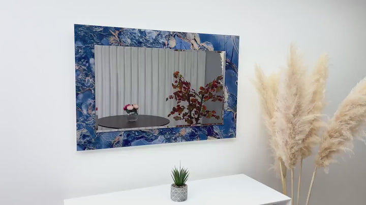 Abstrakter Wandspiegel in Marineblau und Beige