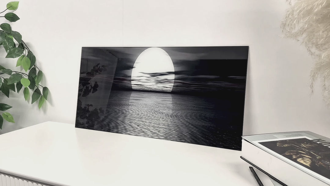Black & White Full Moon Sea Landscape Glass Wall Art
