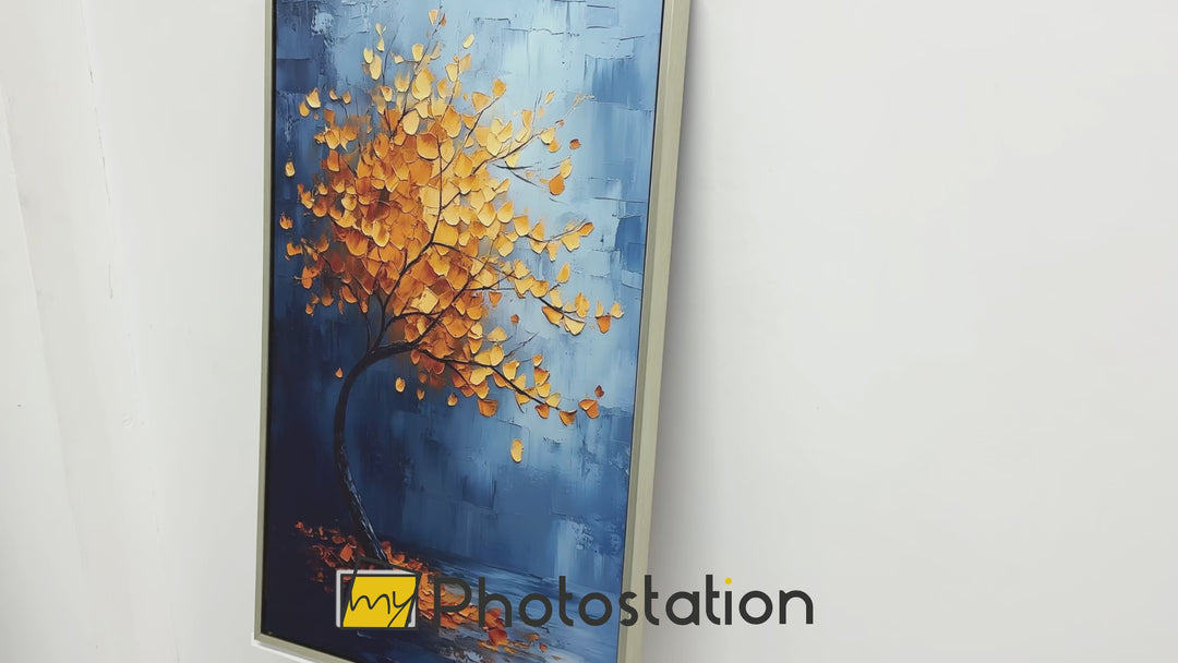 Golden Drift – Amber Tree Against Blue Abstract Oil Painting