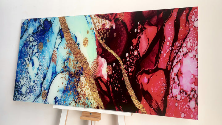 Red and Gold Alcohol ink Glass Wall Art