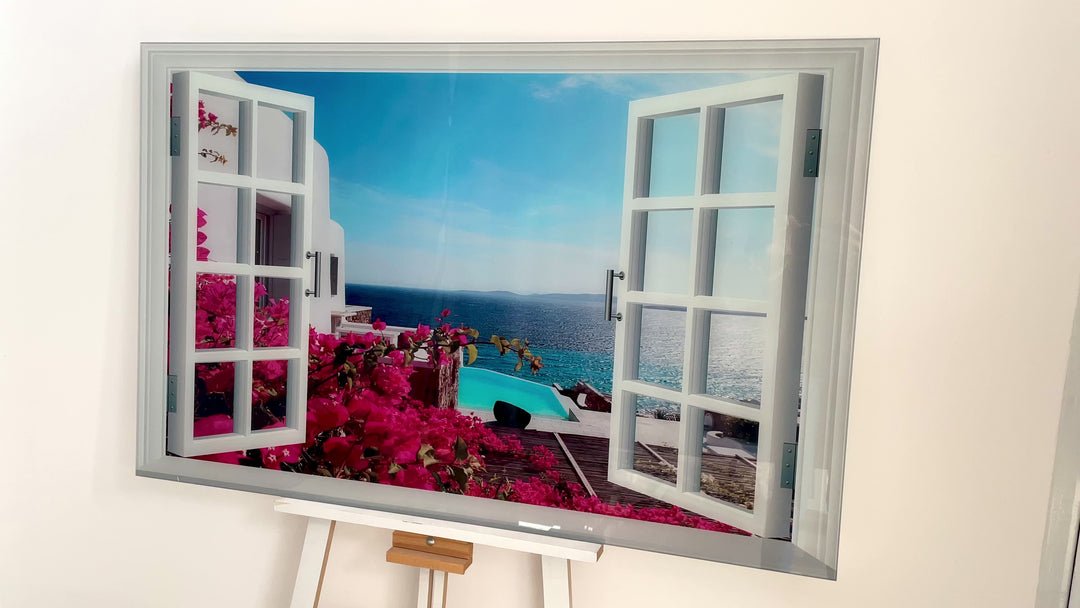 Santorini Window View – Ein atemberaubender Zufluchtsort am Meer auf Glaswandkunst