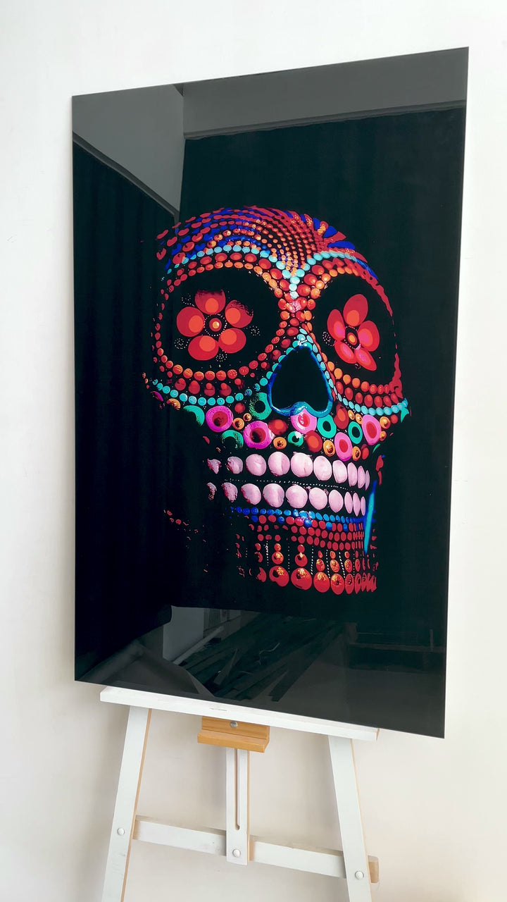 Sugar Calavera Mexikanischer Totenkopf aus Glas, Wandkunst