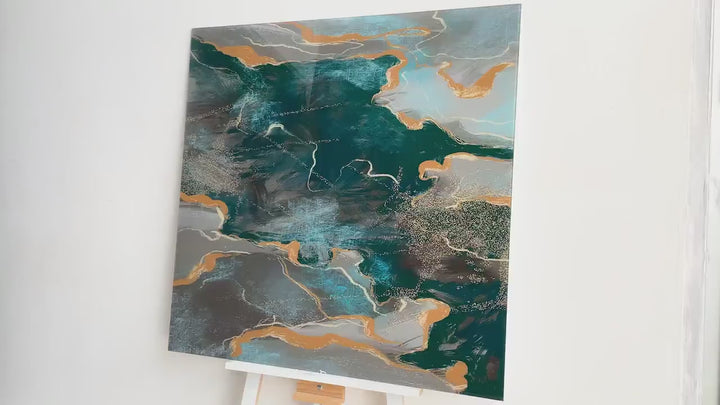 Green and Golden Alcohol ink Glass Wall Art