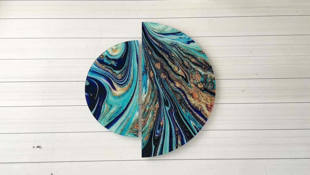 Zweiteilige runde abstrakte Wandkunst aus Glas in Blau und Gold