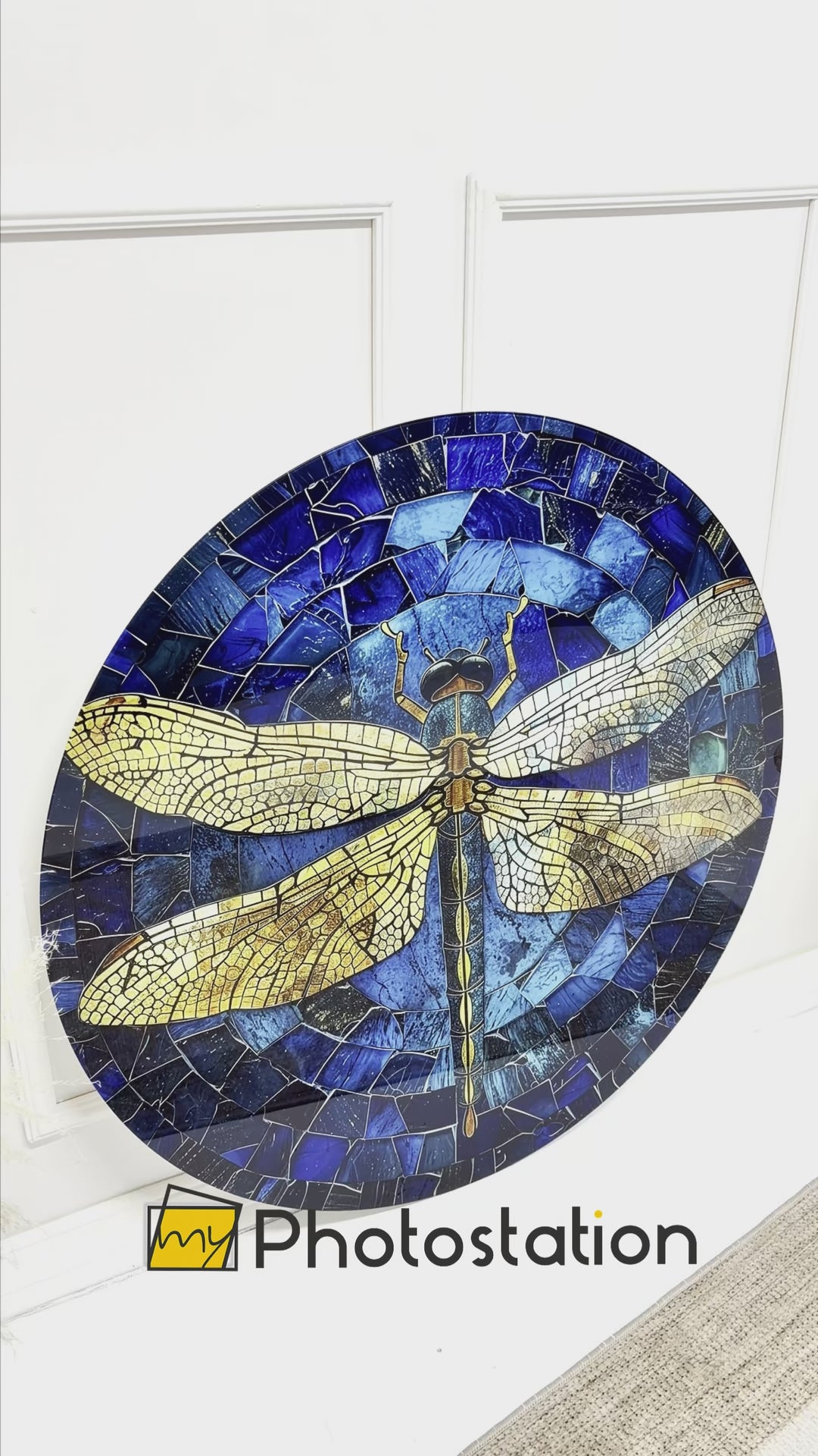 Golden Wings – Dragonfly Mosaic Round Glass Wall Art