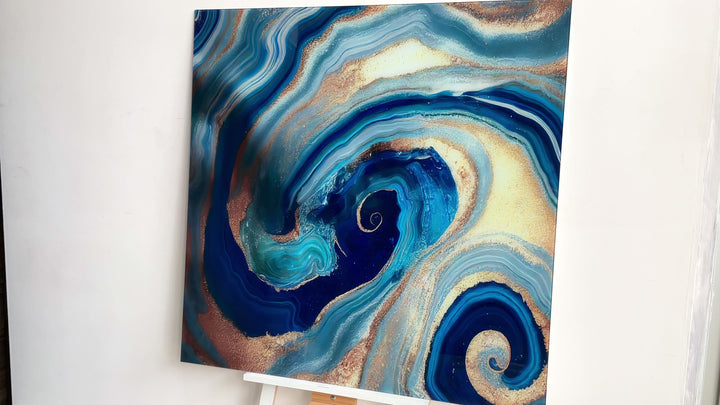 Swirl Of Blue Gold Marble Abstract Glass Wall Art, glass art painting, glass art for the Wall