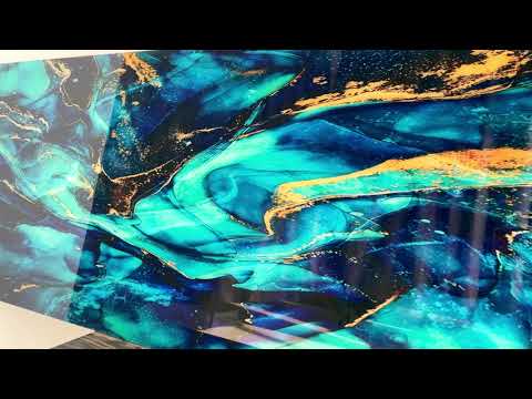 Blue&Gold Marbled Abstract Glass Wall Art, glass pictures for Wall, glass prints wall art