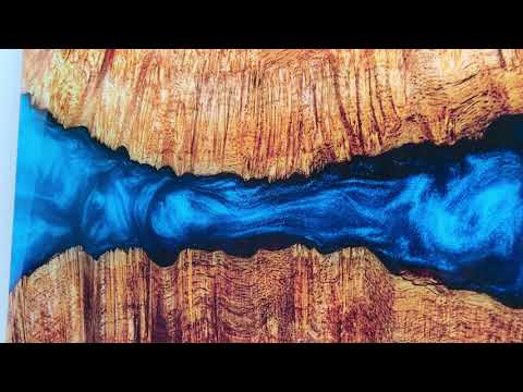 Wood and Blue Epoxy Pattern Tempered Glass Wall Art