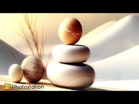 Zen Balance Glaswandkunst – Minimalistische Steinskulptur im Wüstenlicht 
