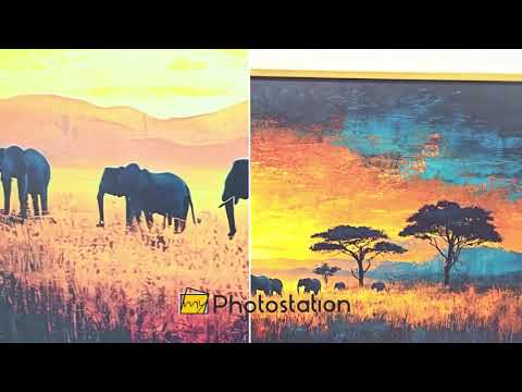 Golden Savannah Sunset – Elephant Silhouette Oil Painting