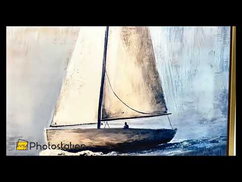Golden Sail – Minimalist Boat at Sea Oil Painting
