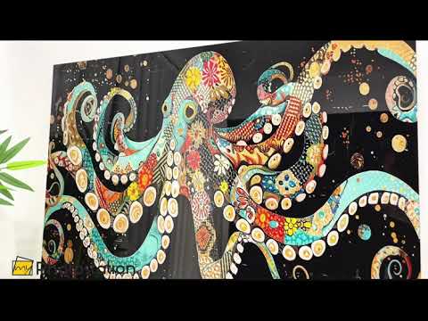 Wandbild aus Glas mit ethnischem Muster und Oktopus