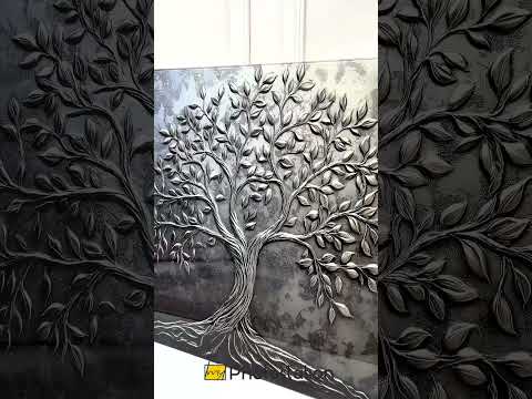 Eleganter silberner Lebensbaum – Metallisches Relief Glasbilder