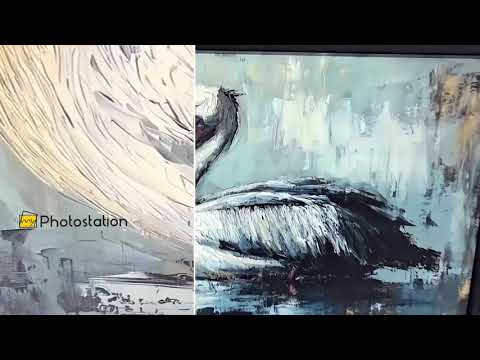 Pélican blanc se reposant au bord de l'eau-Animal Tableau Peinture à l’huile
