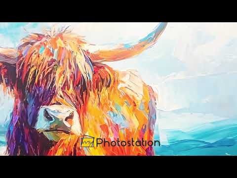 Highland Cow in Windswept Fields - Animal Oil Painting