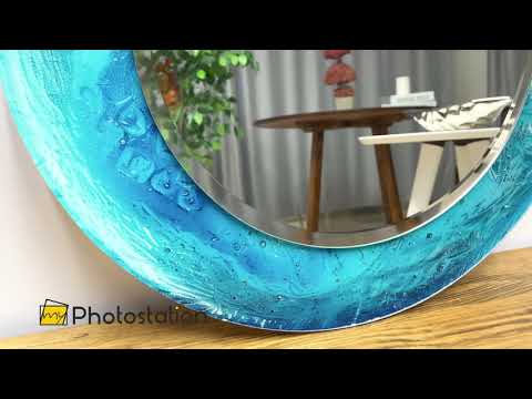 Blue Ocean Round Mirror – Textured Glass Frame for Wall Decor