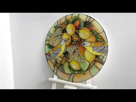 Zitronenbaum &amp; Vögel, runde Glasmalerei, Wandkunst