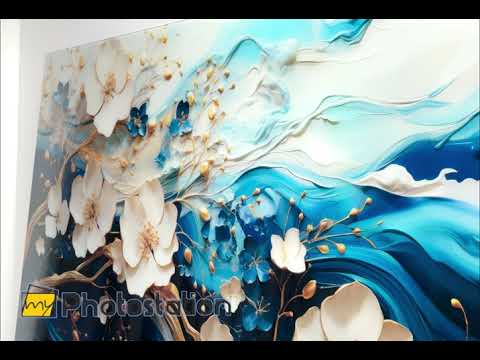 Blue Abstract Gold Floral Glass Wall Art