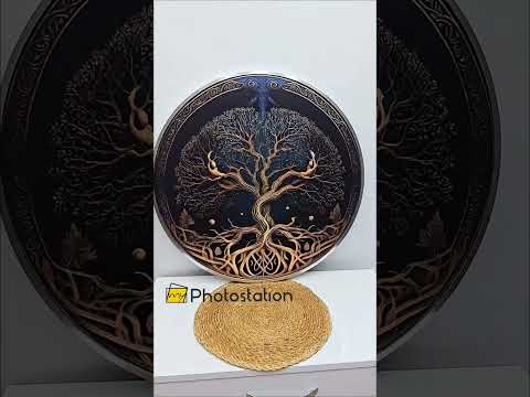Raíces Celestiales – Árbol Dorado de la Vida Redondo Cuadro al óleo