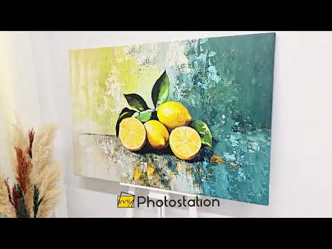 Vibrant Lemons on Blue – Textured Still Life Kitchen Canvas Art