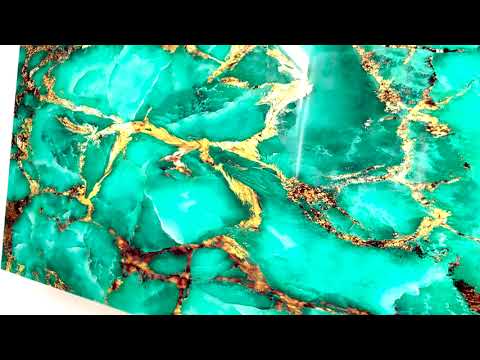 Luxurious Aqua Tone onyx marble with golden veins glass wall art for living room