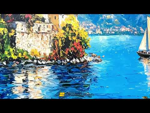 Colorful Italian Lake Town Wall Art – Landscape Oil Painting