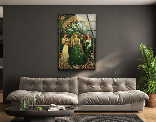 Princesses of Time book cover glass wall art features intricate geometric patterns in an art nouveau style, perfect for home decoration.