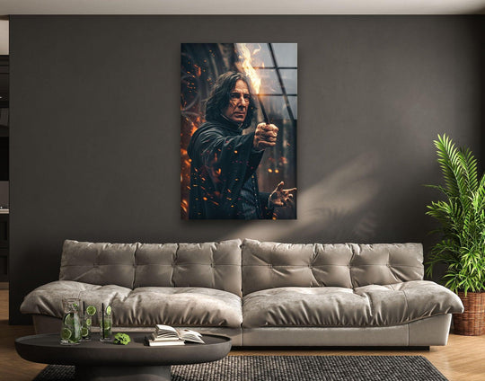 Contrasting dark attire with fiery embers, this cinematic mystic's figure is highlighted in this dynamic glass wall art decor.