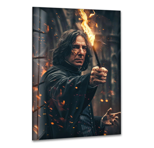 Negative space surrounds a sorcerer with a flaming staff, creating a dramatic showcase for this cinematic tempered glass wall art.